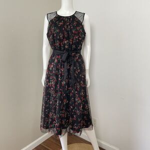Draper James RSVP M Dress Black Red Floral Mesh Clip Dots Tulle Sleeveless